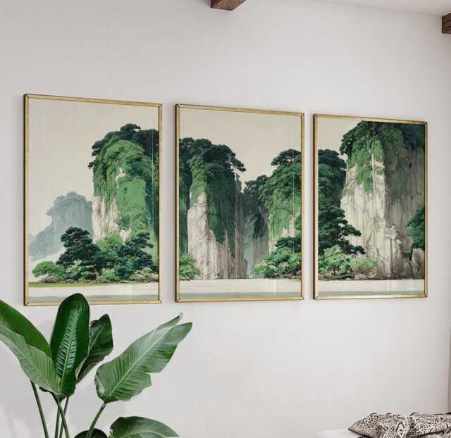 Green Landscape Posters Set Of 3, Japanese Nature Art Prints Wall Decor - image 1