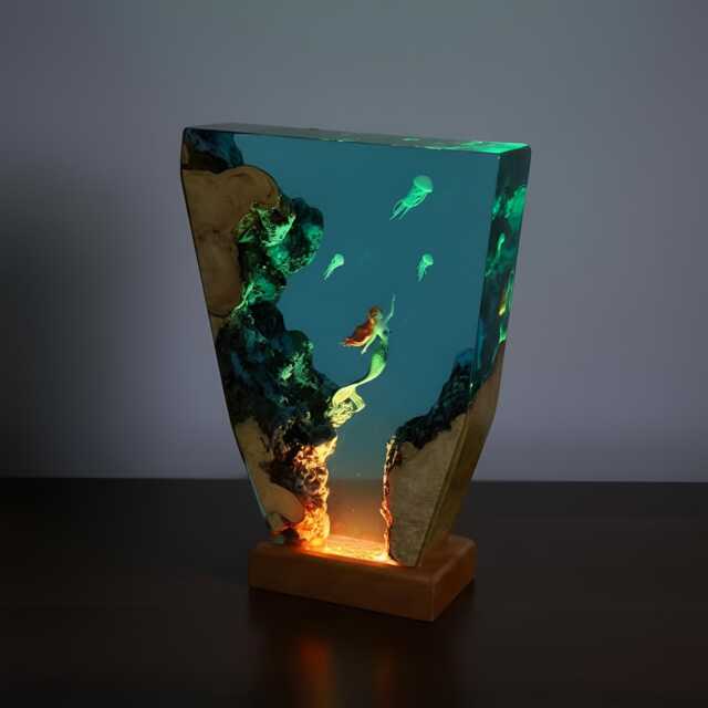 Mermaid Jellyfish Resin Lamp Ocean Epoxy Night Light With Wooden Base - image 1