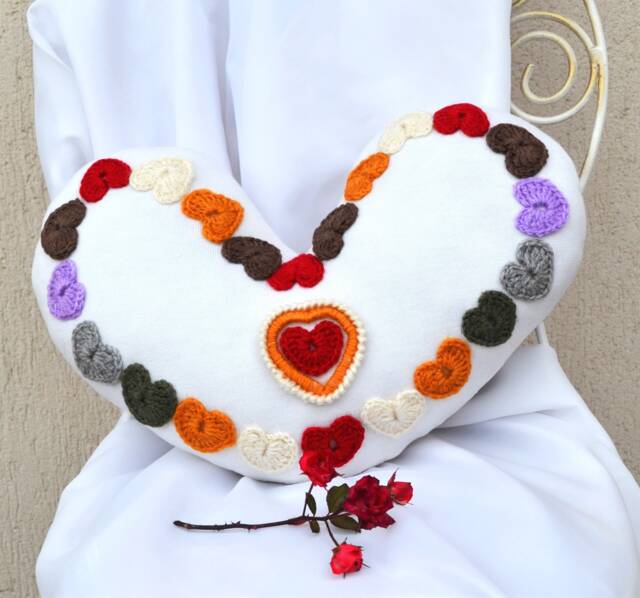 Valentine's Day Gift, Embroidered Heart Pillow Chunky Wool Cushion - image 1