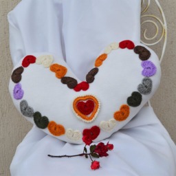 Valentine's Day Gift, Embroidered Heart Pillow Chunky Wool Cushion - thumbnail 3
