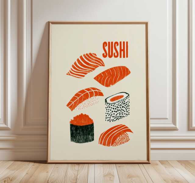 Sushi Art Print, Minimalist Japanese Kitchen Poster, Modern Food Illustration, Salmon Nigiri & Maki Rolls Wall Decor Artwork - image 1