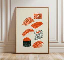 Sushi Art Print, Minimalist Japanese Kitchen Poster, Modern Food Illustration, Salmon Nigiri & Maki Rolls Wall Decor Artwork - thumbnail 1