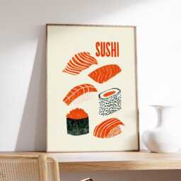Sushi Art Print, Minimalist Japanese Kitchen Poster, Modern Food Illustration, Salmon Nigiri & Maki Rolls Wall Decor Artwork - thumbnail 2