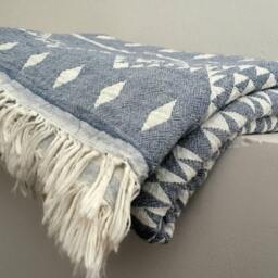 stonewashed Cotton Blanket Throw - Geometric Woven Picnic - thumbnail 4