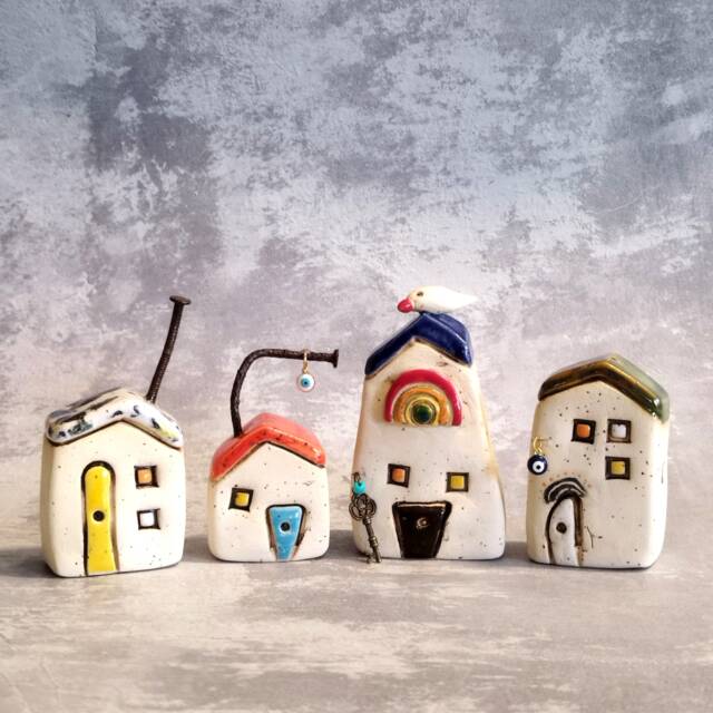 Set Of Two Tiny Ceramic Houses, Rustic Home Miniature, Beach House Decor, Office Holidays Gift, Mom Gift - image 1