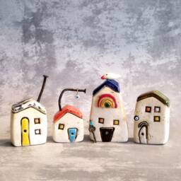 Set Of Two Tiny Ceramic Houses, Rustic Home Miniature, Beach House Decor, Office Holidays Gift, Mom Gift - thumbnail 1