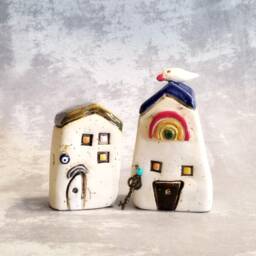 Set Of Two Tiny Ceramic Houses, Rustic Home Miniature, Beach House Decor, Office Holidays Gift, Mom Gift - thumbnail 2