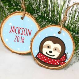 Personalized Sloth Christmas Ornament Hand-Painted Wood Slice Gift - thumbnail 1