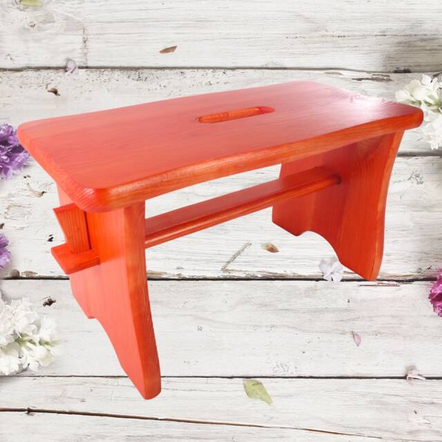 Orange Small Wooden Stool - Kids Shoe Changing Seat Foot Step Rest Chair Rustic Plant Side Table Solid Thick Pine Other Colours Available - image 1