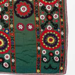 100% Silk Uzbek Suzani 41x59 In, Embroidery Wall Hanging in Forest Green. Floral Tablecloth. Bedspread. Vintage Tapestry - thumbnail 4
