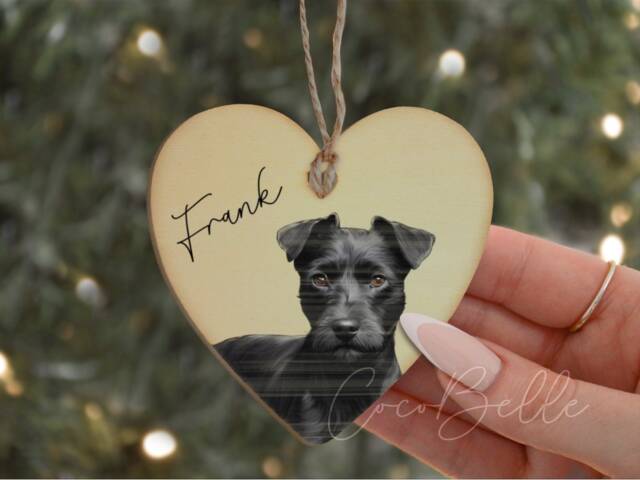 Personalised Patterdale Terrier Wooden Heart Bauble, Any Colour Rustic Neutral Wood Digital Portrait Dog Pet Gift Ideas Lover Owner - image 1