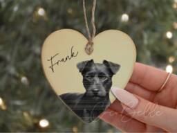 Personalised Patterdale Terrier Wooden Heart Bauble, Any Colour Rustic Neutral Wood Digital Portrait Dog Pet Gift Ideas Lover Owner - thumbnail 1