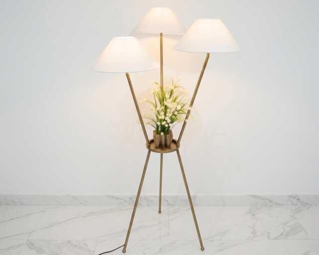 Floor Lamp in Antique Brass Color Modern Tripod With White Fabric Shades & Flower Stand For Living Room Bedroom Decor - image 1