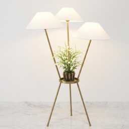 Floor Lamp in Antique Brass Color Modern Tripod With White Fabric Shades & Flower Stand For Living Room Bedroom Decor - thumbnail 3