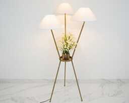 Floor Lamp in Antique Brass Color Modern Tripod With White Fabric Shades & Flower Stand For Living Room Bedroom Decor - thumbnail 1