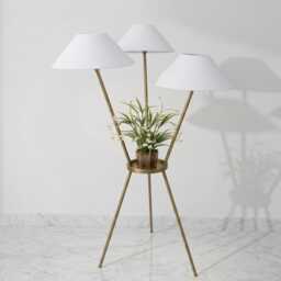 Floor Lamp in Antique Brass Color Modern Tripod With White Fabric Shades & Flower Stand For Living Room Bedroom Decor - thumbnail 2
