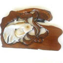 "Wood Carving Silver Fish With Lotus Flower Hand Carved Natural Teak Wall Hanging Art Home Decor Handmade/Gift 13.75"" X 9" - thumbnail 3
