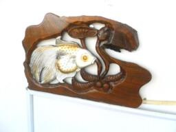"Wood Carving Silver Fish With Lotus Flower Hand Carved Natural Teak Wall Hanging Art Home Decor Handmade/Gift 13.75"" X 9"