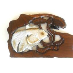 "Wood Carving Silver Fish With Lotus Flower Hand Carved Natural Teak Wall Hanging Art Home Decor Handmade/Gift 13.75"" X 9" - thumbnail 2