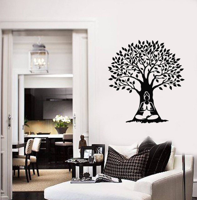 Meditation Woman Vinyl Wall Decal Tree Meditating Art Yoga Studio Wellness Space Relaxation Area Stickers Mural - #2628Di - image 1