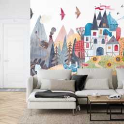 Watercolor Fairytale Castle Wallpaper Mural, Kids Nursery Decor, Peel & Stick - thumbnail 2