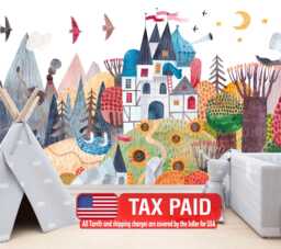 Watercolor Fairytale Castle Wallpaper Mural, Kids Nursery Decor, Peel & Stick - thumbnail 1