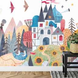 Watercolor Fairytale Castle Wallpaper Mural, Kids Nursery Decor, Peel & Stick - thumbnail 3