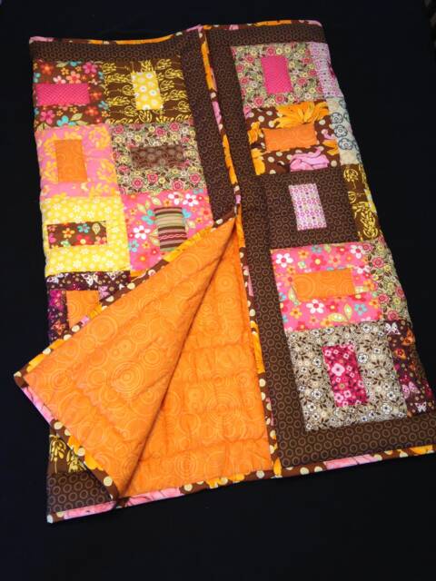 Baby Orange Crib Quilt, Toddler Blanket, Brown Polka Dot Flowers, Colorful Baby Patchwork Quilt - image 1