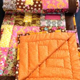 Baby Orange Crib Quilt, Toddler Blanket, Brown Polka Dot Flowers, Colorful Baby Patchwork Quilt - thumbnail 3