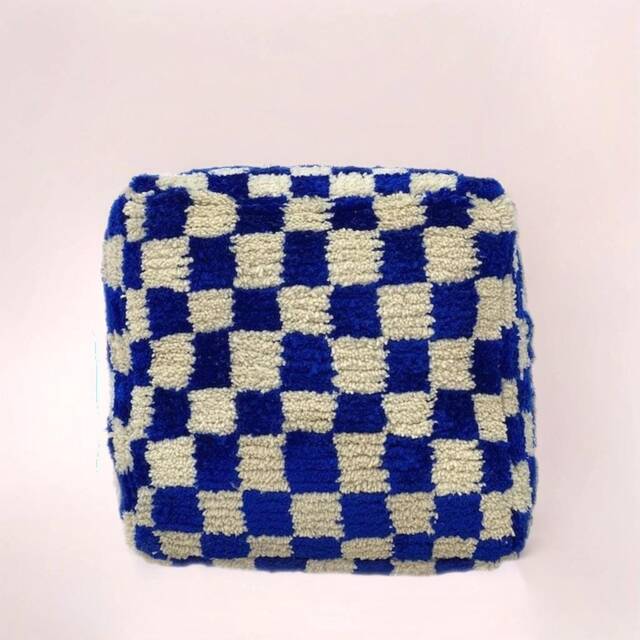Blue Checkered Moroccan Wool Pouf Bohemian Floor Cushion - Unstuffed - image 1