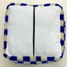 Blue Checkered Moroccan Wool Pouf Bohemian Floor Cushion - Unstuffed - thumbnail 3