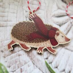 Hedgehog Wooden Decoration/Woodland Animal Christmas Tree Ornament Winter Gift Holiday Stocking Filler - thumbnail 2