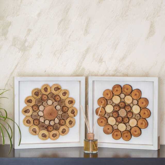 Recycled Wood Pieces, Set Of 2 Wooden Slice Wall Sculpture, Natural Beauty Minimalist Decor - image 1