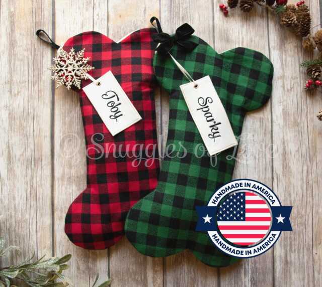 Personalized Red & Green Plaid Dog Bone Stocking Handmade Christmas Pet Stocking - image 1