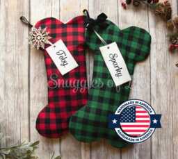Personalized Red & Green Plaid Dog Bone Stocking Handmade Christmas Pet Stocking - thumbnail 1