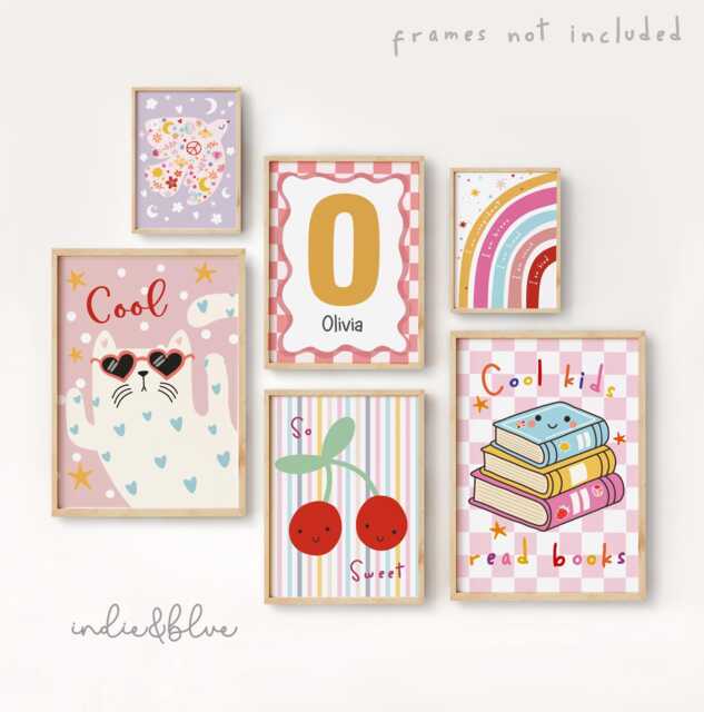 Set Of 6 Girls Personalised Positive Affirmation Gallery Wall Prints in Bright Colours, Retro Wildflower Poster Bundle, Girl Nursery Bedroom - image 1