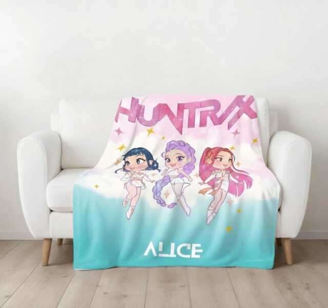 Personalized Huntrix Fleece Blanket, Custom Demon Hunter Throw, Soft K-Pop Inspired Bedding Gift, Anime Cozy Blanket