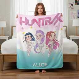 Personalized Huntrix Fleece Blanket, Custom Demon Hunter Throw, Soft K-Pop Inspired Bedding Gift, Anime Cozy Blanket - thumbnail 3