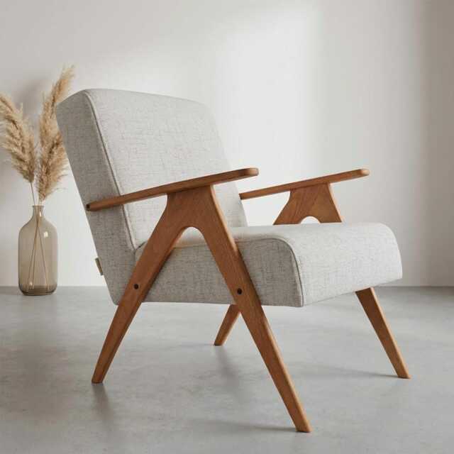 Handmade Mid-Century Modern Armchair Beige Linen, Solid Wood - image 1
