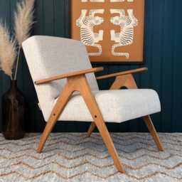 Handmade Mid-Century Modern Armchair Beige Linen, Solid Wood - thumbnail 2
