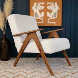 Handmade Mid-Century Modern Armchair Beige Linen, Solid Wood - thumbnail 4