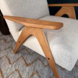 Handmade Mid-Century Modern Armchair Beige Linen, Solid Wood - thumbnail 2