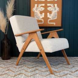 Handmade Mid-Century Modern Armchair Beige Linen, Solid Wood - thumbnail 1