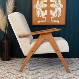 Handmade Mid-Century Modern Armchair Beige Linen, Solid Wood - thumbnail 3