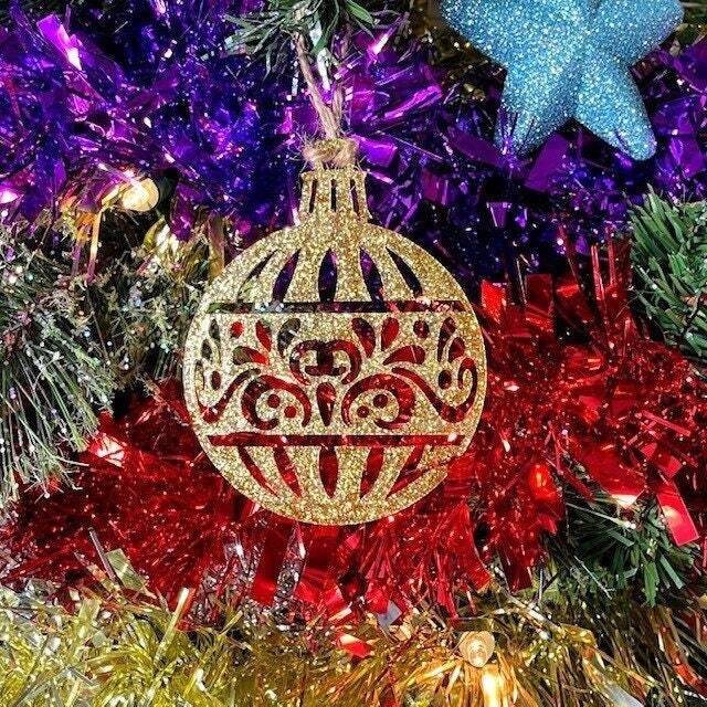 Glitter Ornate Bauble Christmas Tree Decoration - Beautiful Xmas Ornament in Oak, Walnut Cherry Wood Or Silver, Gold, Red, Green - image 1