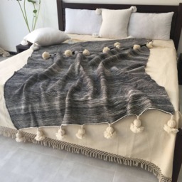 Gorgeous Wool Pom Blankets Made By Berber Weavers , Handloomed, Pompom Blanket, Moroccan Throw , Bed Spread, Bed Cover - thumbnail 3