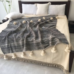 Gorgeous Wool Pom Blankets Made By Berber Weavers , Handloomed, Pompom Blanket, Moroccan Throw , Bed Spread, Bed Cover - thumbnail 4