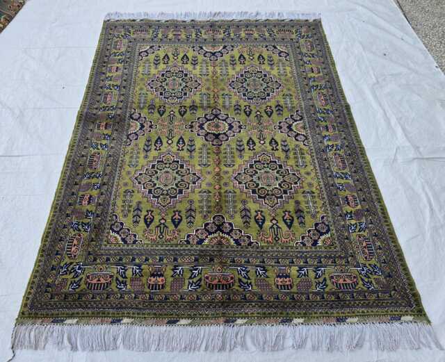 5??7Ft Handmade Afghan Rug, Geometric Modern Green Wool Carpet - image 1