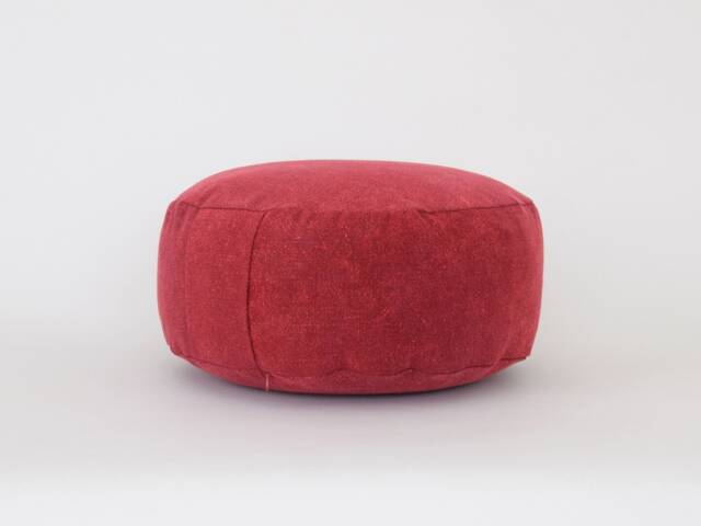 Kapok Filled Zafu Meditation Cushion, Red Stonewash Cotton Ottoman Pouf - image 1