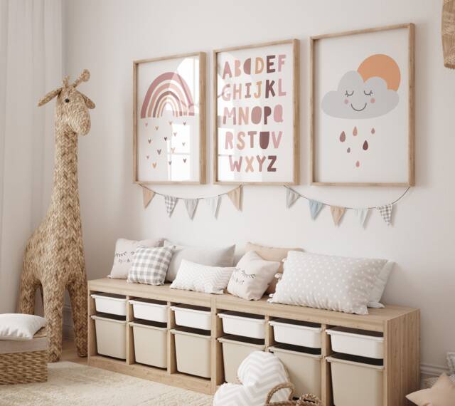 Set Of 3 Girls Nursery Decor, Boho Rainbow Wall Art, Bedroom Prints, Name Sister Playroom Print - image 1